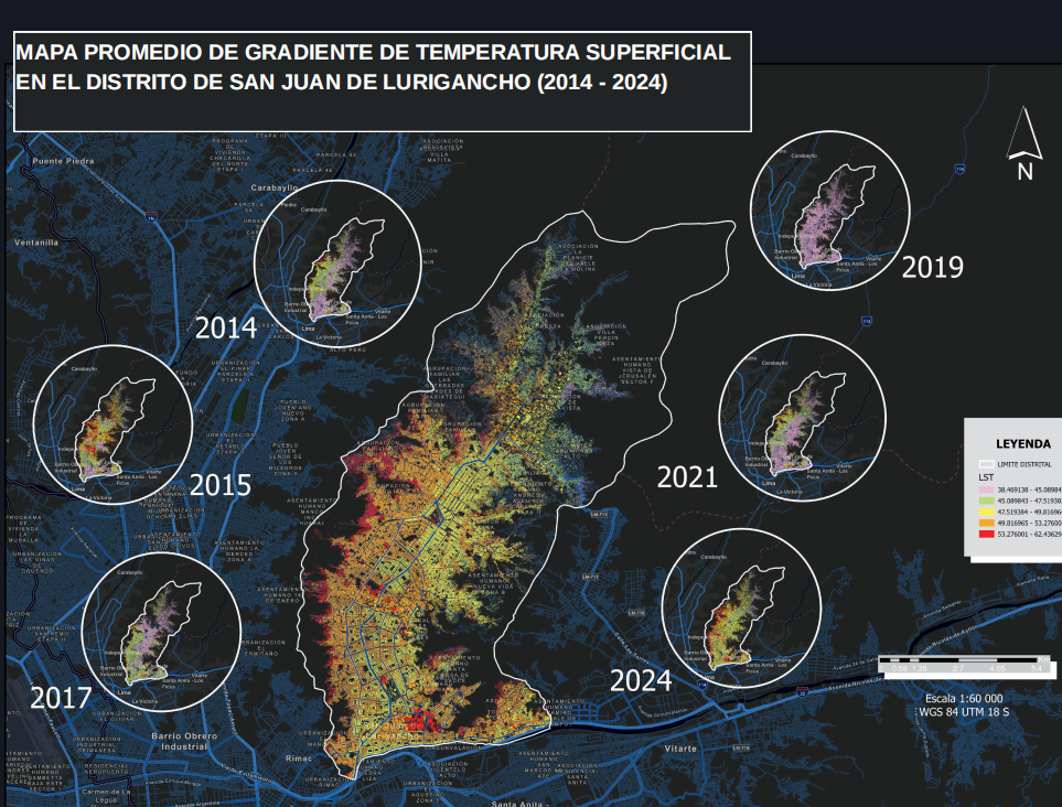 Mapa promedio de gradiente de temperatura superficial en el distrito de San Juan de Lurigancho (2014–2024)